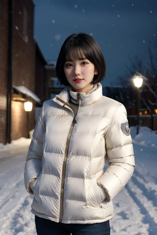 masterpiece, best quality, ultra-detailed, ultra high res, (photorealistic:1.4), raw photo, (realistic:0.2), CG, 8k HDR, perfect lighting, 1girl, solo, looking at viewer, (winter clothes, padded jacket), outdoor, (snow, snowflakes), night, scattered cloud, aurora sky, upper body, lower body, asymmetrical short hair, (detailed oily skin, medium breasts:0.8), (detailed face), (detailed background :1.1), hands in pocket, cold weather,