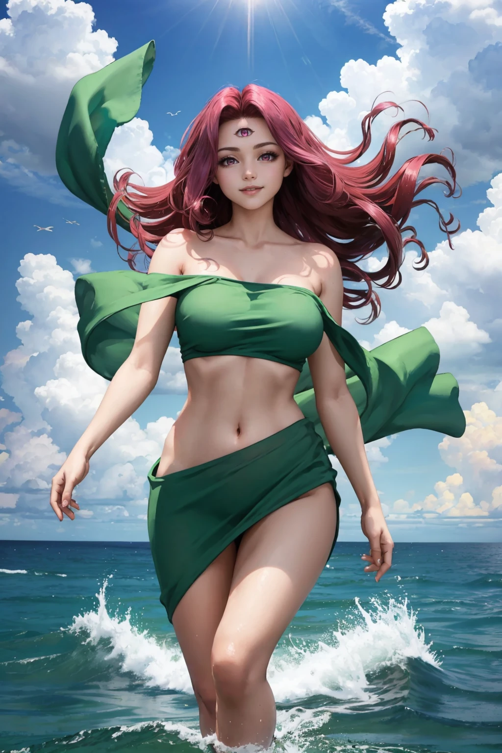 masterpiece, best quality, smiling, ultra-detailed, absurdres, portrait of a 3 foot goblin girl, ((green skin)), ((red hair:1.3)), green eyes, earrings, jewelry, (pink string bikini):1.4, smile, necklace, volumetric lighting, tonemapping, sharp focus, trending on Artstation, at beach, rollerskating on beach sidewalk, action pose, dynamic pose, cinematic still, hair blowing in wind, moving fast having fun, smiling and laughing, 1girl, solo, wearing sheer sarong, full body, pointy ears, wearing rollerskates, 
