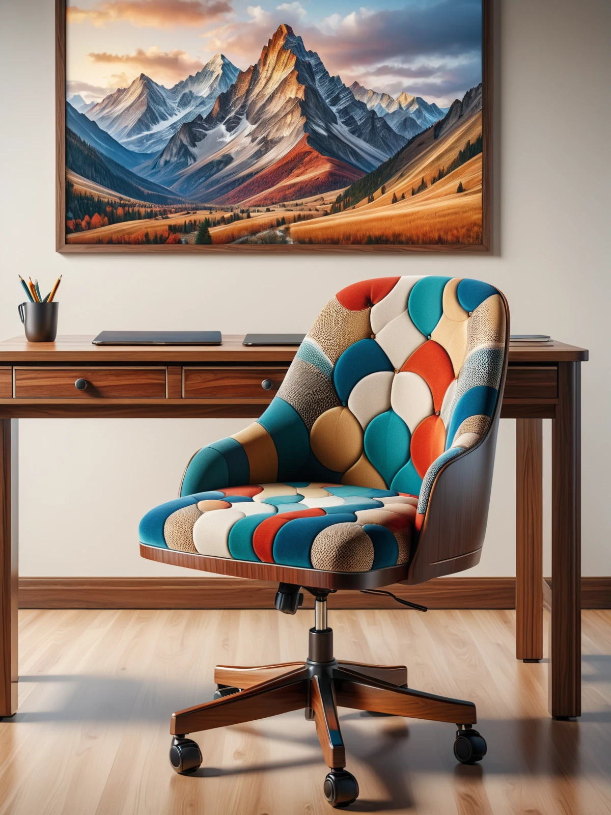colorful mad-circle office chair and wooden desk in an expensive office, photograph of a mountain on the wall <lora:Colorful_Circles_SDXL:1>, (masterpiece:1.2), best quality, (hyperdetailed, highest detailed:1.2), high resolution textures