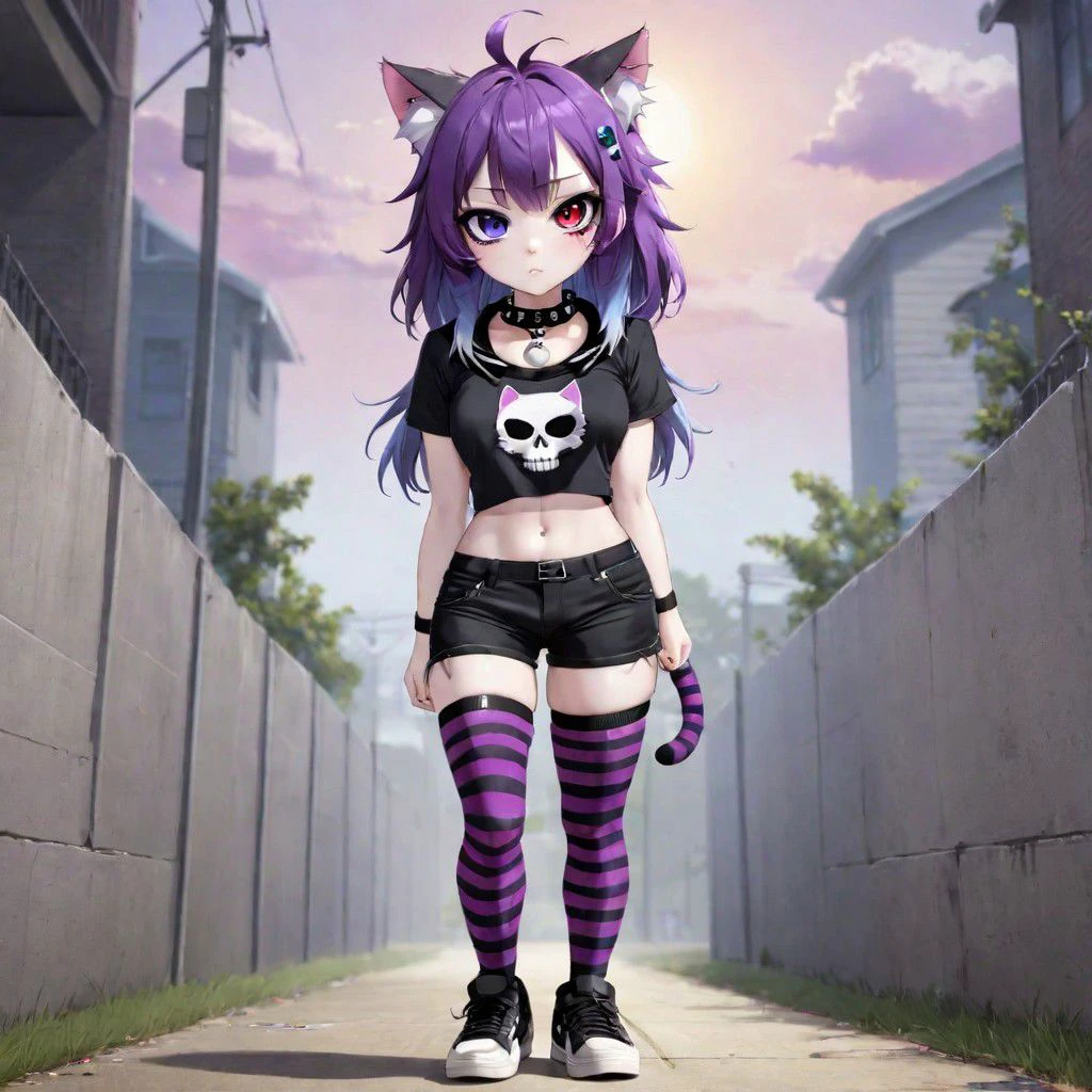 totless, 1girl,solo,long hair,breasts,looking at viewer,blush,blue eyes,shirt,hair ornament,red eyes,thighhighs,long sleeves,animal ears,standing,purple eyes,full body,purple hair,short sleeves,shoes,shorts,striped,cat ears,black footwear,collar,cat tail,animal ear fluff,black shirt,short shorts,heterochromia,black shorts,cat girl,sneakers,striped thighhighs, stunning sky background, spiked collar,skull hair ornament ,  qw hairpin, outfit2, [tail]