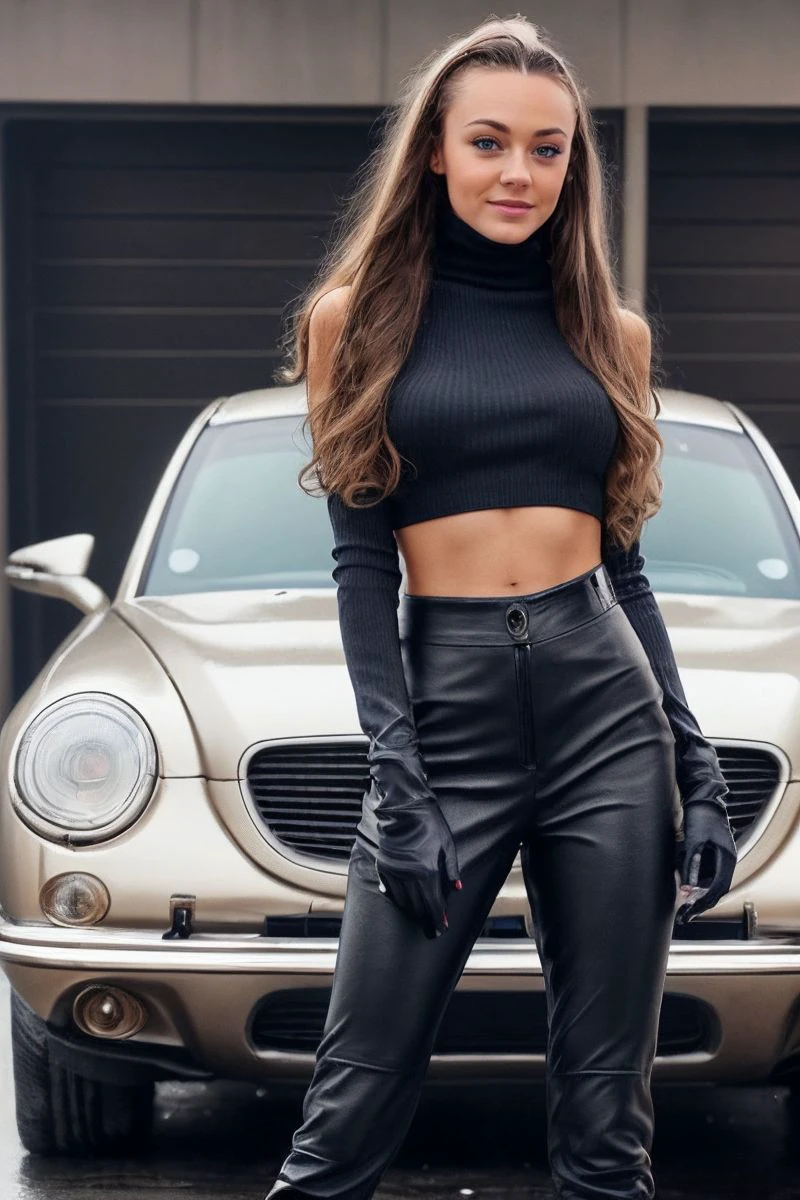 photo of S308_CourtneyKnox,a stunning woman,in a (car-wash:1.1),wearing a (turtleneck:1.1) and (leather-pants),(wet-hair),(4k, RAW photo, best quality, depth of field, ultra high res:1.1),(absurdres, intricate, photorealistic, masterpiece, ultra-detailed:1.1),