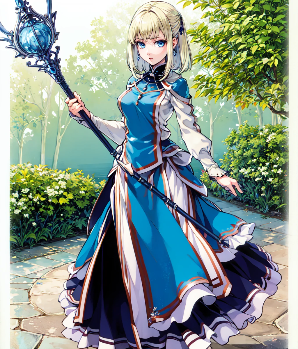 masterpiece, high res, detailed face, detailed eyes, anime screencap, 1 girl, solo, slender, medium hair, white blonde hair, medium breasts, blue eyes, blue dress, staff, serious, blue magic, raising staff, outdoors, full body, cowboy shot <lora:Sarah:1>