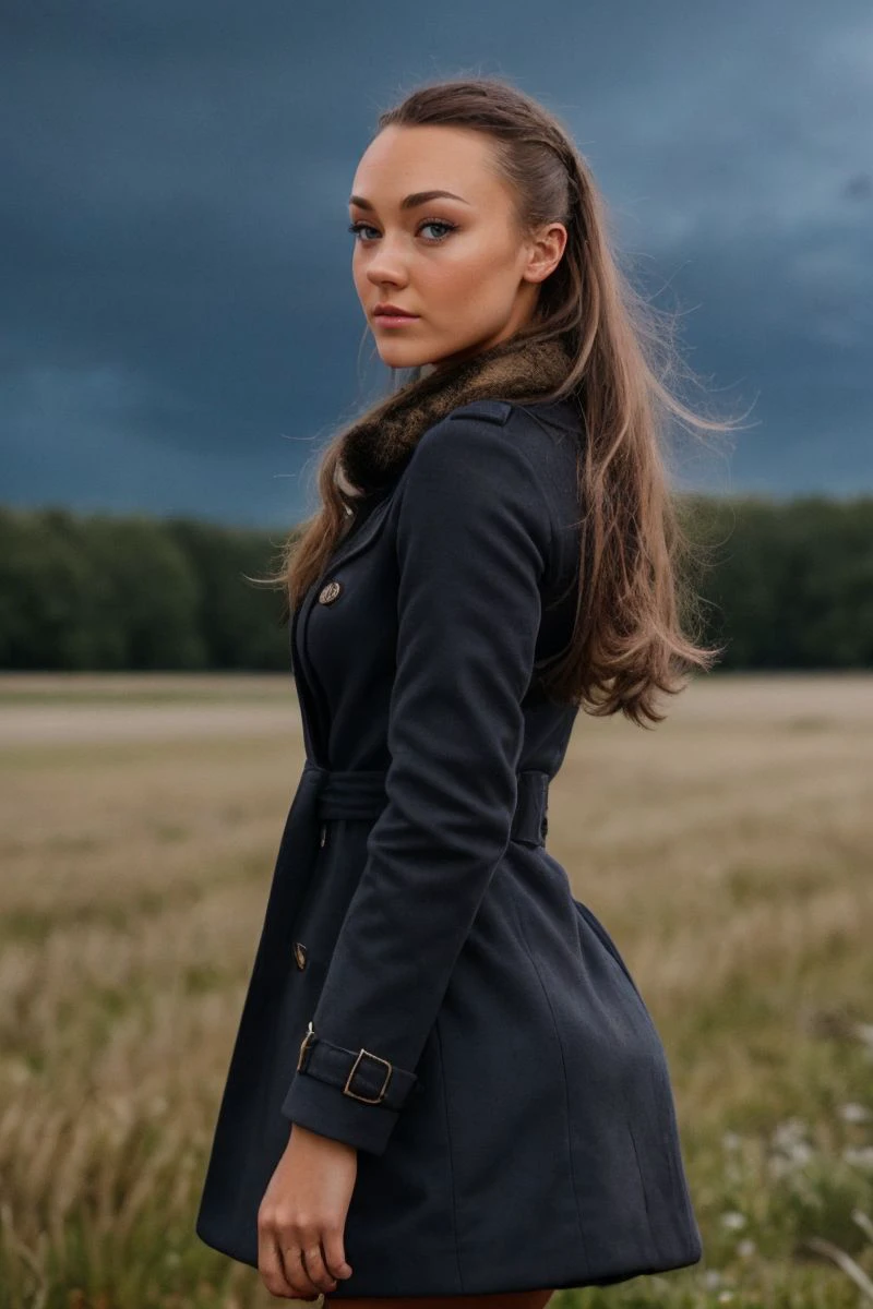 photo of S308_CourtneyKnox,a stylish woman,on a (field:1.1),wearing a (coat:1.1),(thunderstorm),(4k, RAW photo, best quality, depth of field, ultra high res:1.1),(absurdres, intricate, photorealistic, masterpiece, ultra-detailed:1.1),