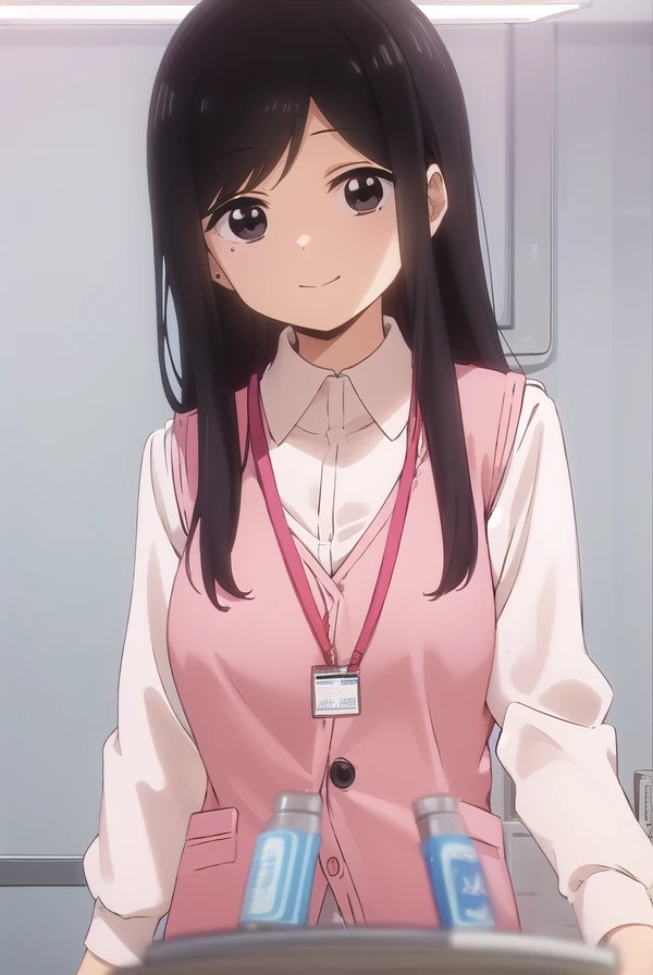 toukosakurai, <lora:touko sakurai s1-lora-nochekaiser:1>,
touko sakurai, black hair, (black eyes:1.5), sidelocks, medium hair, mole, mole under eye, (swept bangs:1.5), smile,
BREAK shirt, long sleeves, collared shirt, pants, vest, office lady, id card, lanyard, (pink vest:1.2),
BREAK indoors, office,
BREAK looking at viewer, (cowboy shot:1.5),
BREAK <lyco:GoodHands-beta2:1>, (masterpiece:1.2), best quality, high resolution, unity 8k wallpaper, (illustration:0.8), (beautiful detailed eyes:1.6), extremely detailed face, perfect lighting, extremely detailed CG, (perfect hands, perfect anatomy),