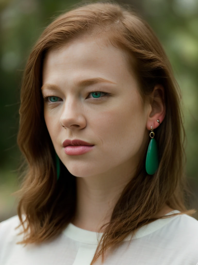 Realistic photo of a beautiful s4r4hs woman, 1girl,solo,long hair,looking at viewer,blue eyes,rede hair,jewelry,green eyes,earrings,outdoors,parted lips,teeth,blurry,lips,blurry background,portrait,realistic,nose, soft lighting, professional Photography, Photorealistic, detailed, RAW, analog, sharp focus, 8k, HD, high quality, masterpiece<lora:s4r4hs:1.0>