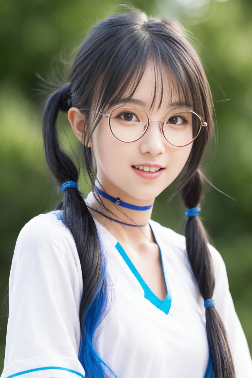 <lora:meiling_v01:0.9>,
(8k, RAW photo, best quality, masterpiece:1.2), (realistic, photo-realistic:1.37), omertosa,1girl, blurry background,lake, rain,wet,professional lighting, photon mapping, radiosity, physically-based rendering, backlight bokeh, blurry background,smile, mature,((black choker)), red lips, office lady ,((lights shinning on the face))
head portrait
,
sunlight, ((outdoors)) ,((light shinning on the hair))
millitary uniform,
((high twin-tail hair)), ((floating hair)), blue hair,wavy hair, glowing hair,
135mm lens,gold-rimmed glasses,,big breast,red lips,smile
