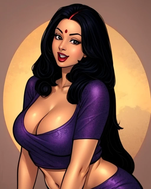 mature female,solo,plump,long hair,smile,open mouth,black hair,cleavage,teeth,lips,crop top,makeup,lipstick,forehead mark,forehead jewel,<lora:add_detail:0.34>,illustrated,(extremely detailed,masterpiece, hyper realistic:1.15),<lora:svt-bhabi_v1-lora-24:0.9>,