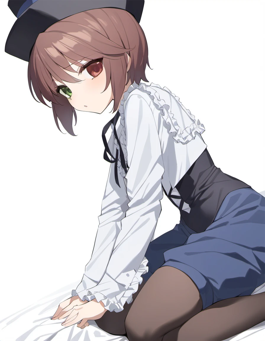 1girl, souseiseki, ica, brown hair, frills, hat, heterochromia, pantyhose, short hair, simple background, solo, masterpiece, best quality. <lora:char - souseiseki - v1 - bionagato:1>