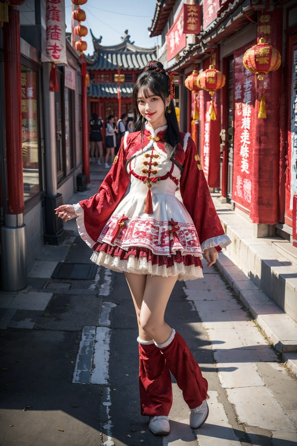 best quality, masterpiece, realistic, photorealistic, 1girl, solo, looking at viewer, light smile, full body, standing, long hair, black hair, bangs, cyb dress, chinese clothes, long sleeves, capelet, frills, frilled dress, wide sleeves, leg warmer, shoes, chinese town, ancient chinese building, chinese street, people, chinese new year, chinese lantern, spring festival, <lora:chinese_new_year_dress_style3_v3:0.7>