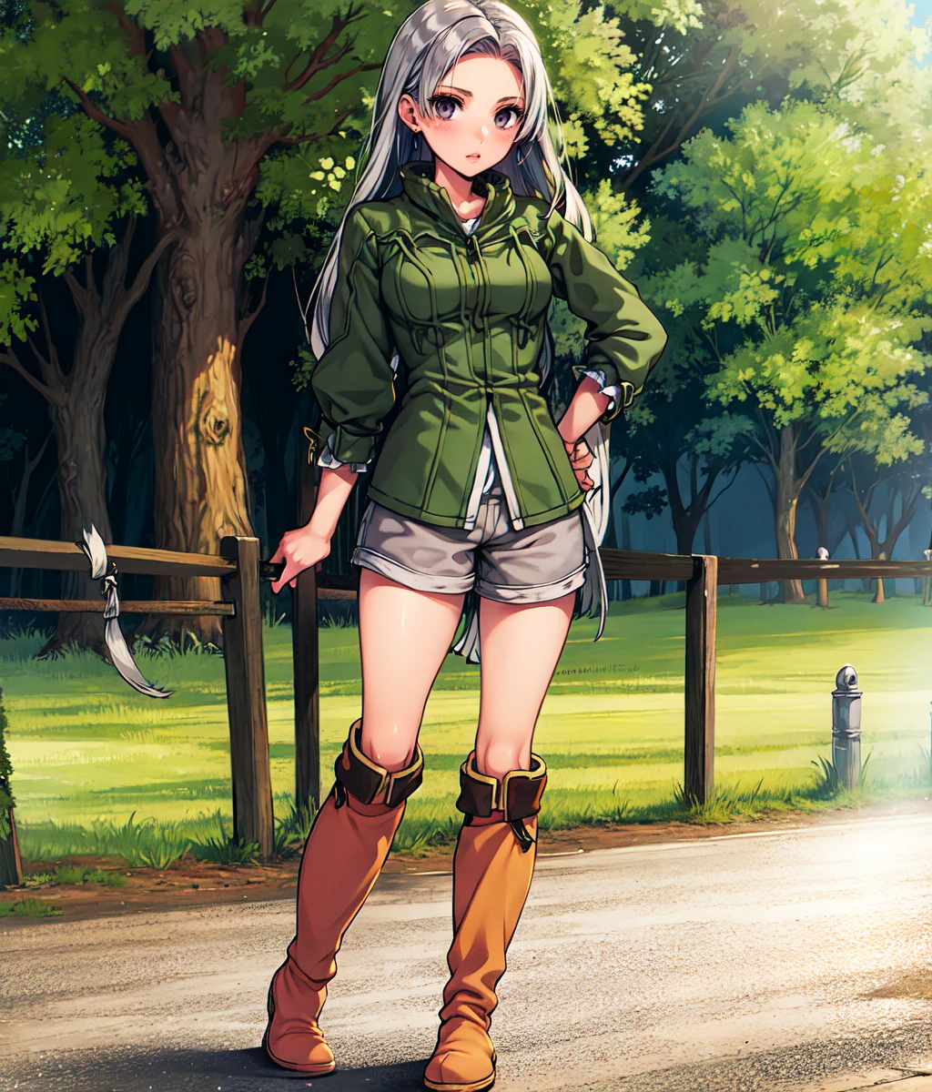 masterpiece, high res, detailed face, detailed eyes, anime screencap, 1 girl, solo, grey hair, grey eyes, long hair, green shirt, brown shorts, high boots, standing, full body, outdoors, hill <lora:Chris lightfellow:1>