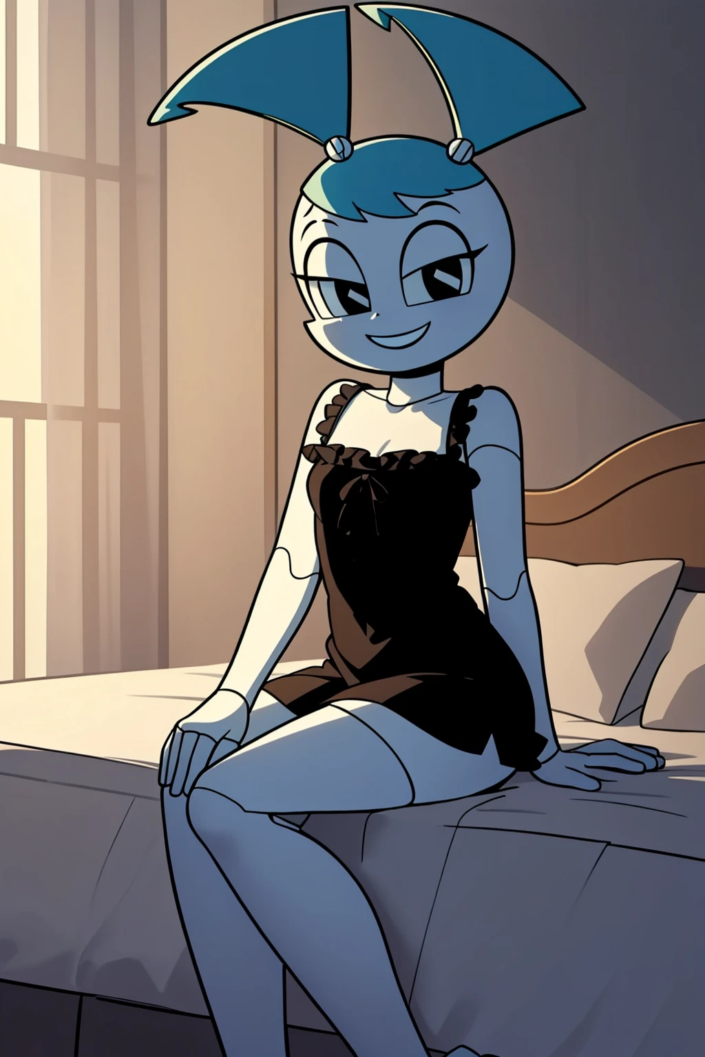 (masterpiece, best quality:1.2), detailed, dark shot, hdr, jenny, 1girl, robot. twintails, iron skin, looking at viewer, sitting on a bed, grin, calls to him, nightie,<lora:Jenny_Robot:0.7>