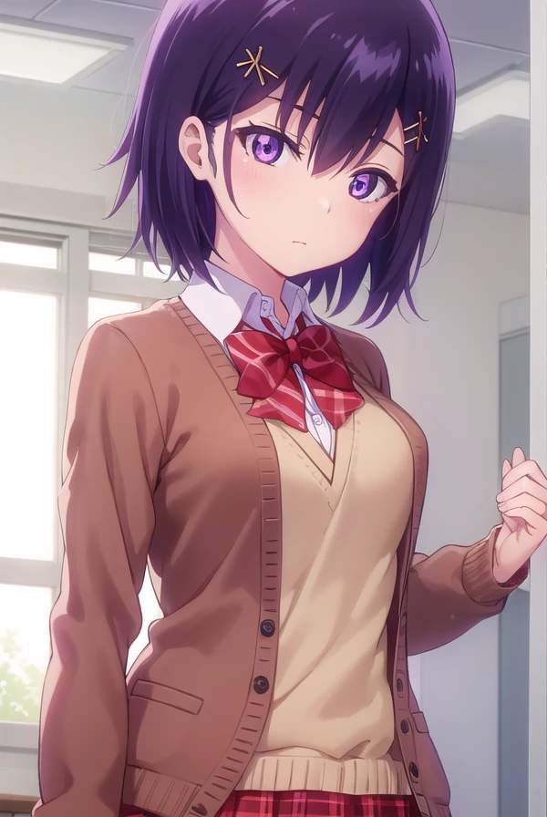 vignettetsukinoseapril, <lora:vignette tsukinose april s1-lora-nochekaiser:1>,
vignette tsukinose april, short hair, hair ornament, (purple eyes:1.1), purple hair, hairclip, x hair ornament, topknot,
BREAK skirt, shirt, bow, school uniform, pleated skirt, bowtie, red bow, plaid, red skirt, plaid skirt, cardigan, brown cardigan,
BREAK indoors, classroom,
BREAK looking at viewer, (cowboy shot:1.5),
BREAK <lyco:GoodHands-beta2:1>, (masterpiece:1.2), best quality, high resolution, unity 8k wallpaper, (illustration:0.8), (beautiful detailed eyes:1.6), extremely detailed face, perfect lighting, extremely detailed CG, (perfect hands, perfect anatomy),
