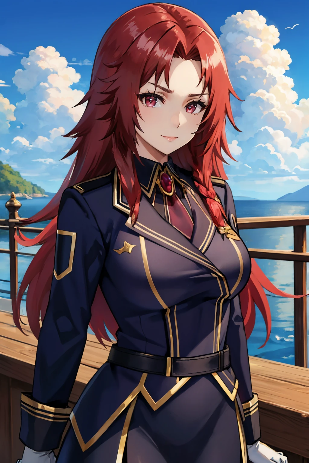 masterpiece, best quality, <lora:irismidgar-nvwls-v1-000009:0.8> iris midgar, black coat, black uniform, long sleeves, gold trim, black skirt, white pantyhose, belt, white gloves, upper body, large breasts, looking at viewer, furrowed brow, smile, blue sky, clouds