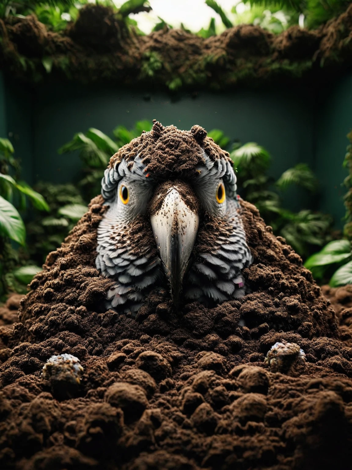 An office cubicle ais-buriedz amidst a dense jungle, a bewildered parrot perched on the computer screen, a surreal blend of wildlife and workplace <lora:Buried_Style_SDXL:1>