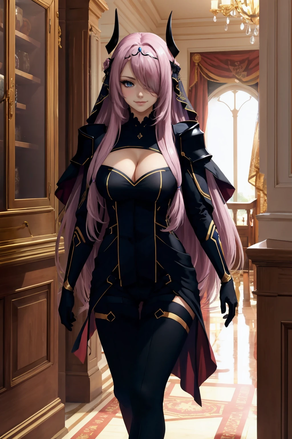 masterpiece, best quality,  <lora:victoria-nvwls-v1-000010:0.9> victoria, horns, tiara, veil, black bodysuit, shoulder armor, long sleeves, cleavage cutout, black gloves, black overskirt, black pants, large breasts, walking, staircase, mansion, looking at viewer, smirk