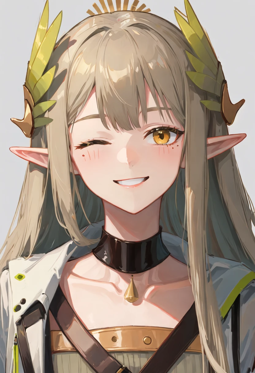 best quality, masterpiece, highres, solo, {muelsyse_arknights:0.90}, smile, happy, one_eye_closed, portrait, looking at viewer