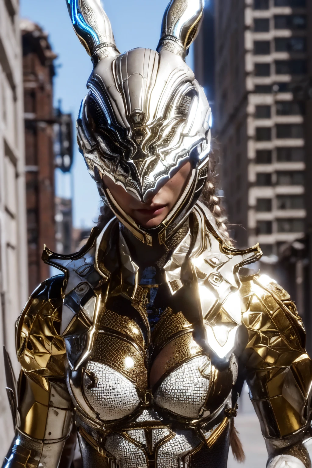 (a woman standig in ruins of a city), beautiful eyes, beautiful girl, high detail skin, high detail eyes, high detail hair, highres, ultra detailed, sharpen picture, Highly detailed, masterpiece, best quality, photorealistic,goldskin
<lora:BunnyLoRA:1> 1girl, helmet, rabbit ears, bodysuit, ponytail