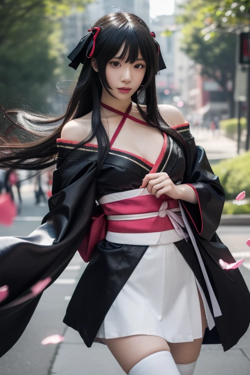 ltra-detailed,highly detailed,best quality,masterpiece,illustration,realistic,photorealistic,
1girl, solo, cosplay,
yaya, yaya-kimono, kimono, japanese clothes, halterneck, black kimono, thighhighs, zettai ryouiki, ribbon,
cowboy shot, looking at viewer,
outdoors, day, nature,wind,floating hair, falling petals,
<lora:yaya_v1_04:0.7>