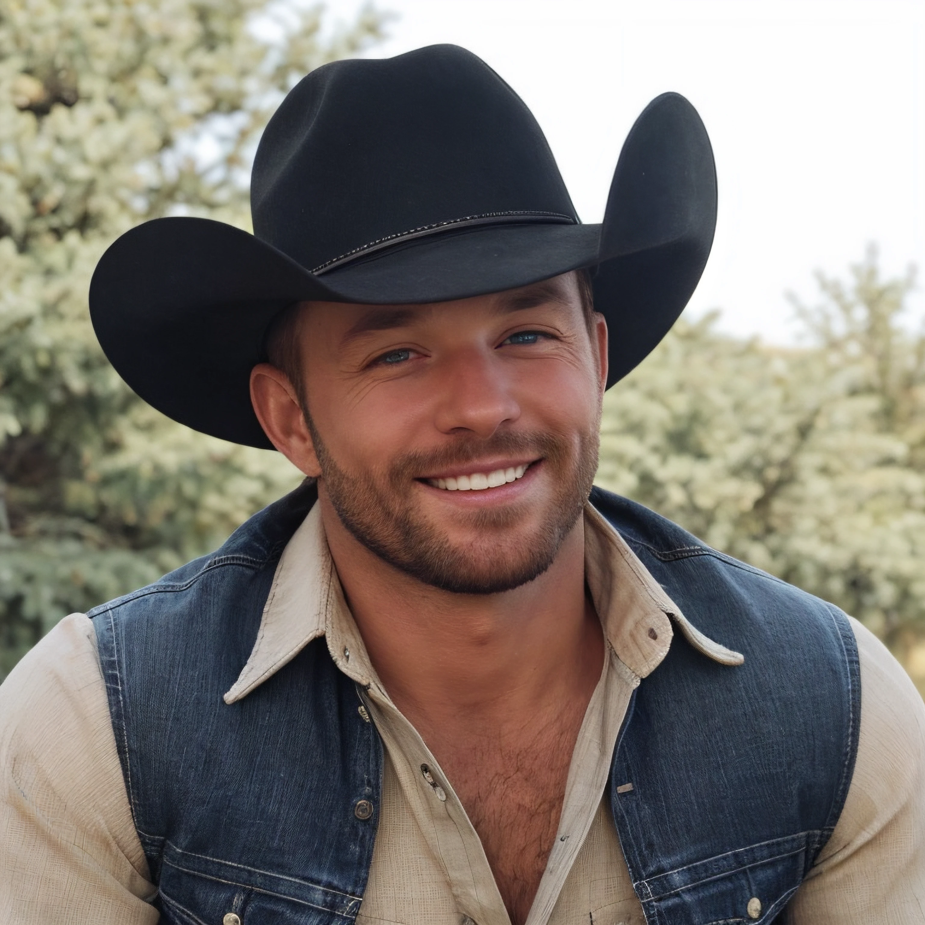 face, 1male, realistic, ultra quality, highly detailed, ultra HD, looking straight ahead, <lora:CaviarCowboy:0.6> Cowboy hat, beautiful eyes, smiling for the camera, cowboy outfit