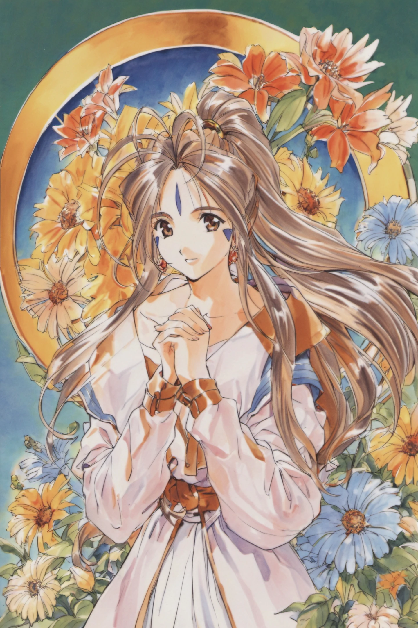 Belldandy, 1girl, solo, long hair, forehead mark, facial mark, flower, brown hair, jewelry, earrings, ponytail, 1990s (style), retro artstyle, own hands together, brown eyes, own hands clasped, traditional media,<lora:Kosuke Fujishima_XL:0.8>