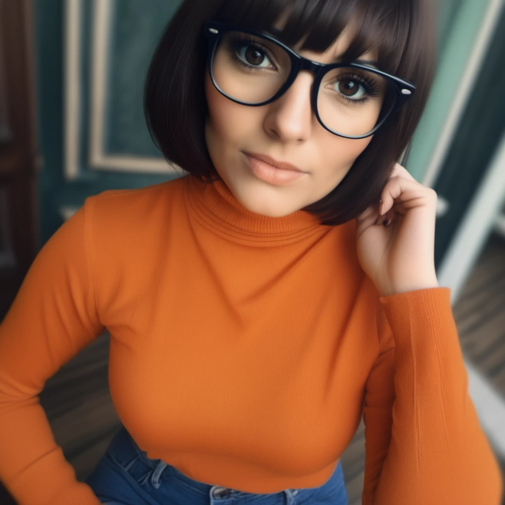 analog film photo A woman with glasses and an orange tutleneck, closeup face portrait <lora:Velma1024-000360:0.8> . faded film, desaturated, 35mm photo, grainy, vignette, vintage, Kodachrome, Lomography, stained, highly detailed, found footage