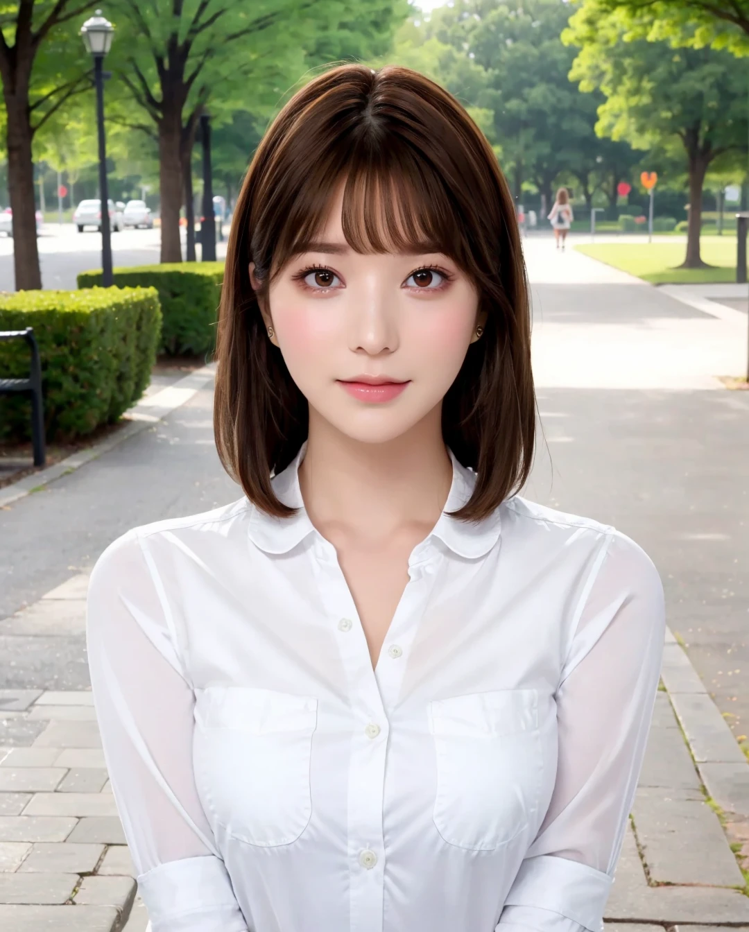 best quality, photorealistic, 8k, high res, full color, 1girl, woman, 20 years old woman, (closed mouth:1.43), (skindentation), trees, park bench, daylight, ((park background:1.52)), full color, ((white buttoned shirt:1.58)), looking at viewer:1.8, (1girl eyes looking at viewer:1.55), (medium hair, brownhair, partedbangs:1.85), (bokeh), <lora:AAV-nagi1:0.64>