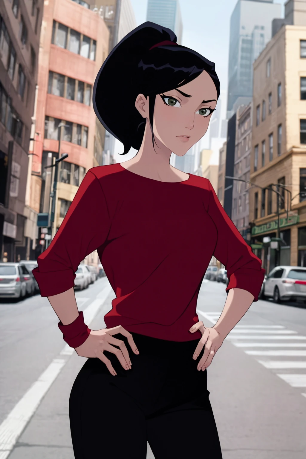 masterpiece, best quality, 1girl, black hair, ponytail, red suit, black pants, hands on hips, looking at viewer, solo, standing, outdoors, new york street background <lora:JeffMatsuda:1>