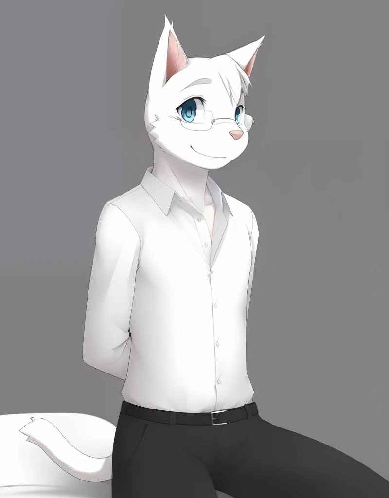 (((detailed eyes, detailed face))), (furry, tsukishiro <lora:character_tsukishiro_findigo_v1:0.9>, white skin, white hair, glasses, cat, aqua eyes), male, (solo), (plump), (white shirt, black pants), sitting, (arms behind back), smile BREAK (konzaburou, ukan_muri, cute), bedroom, (flat shading, flat color, high brightness), 8k, UHD, masterpiece, (full body)