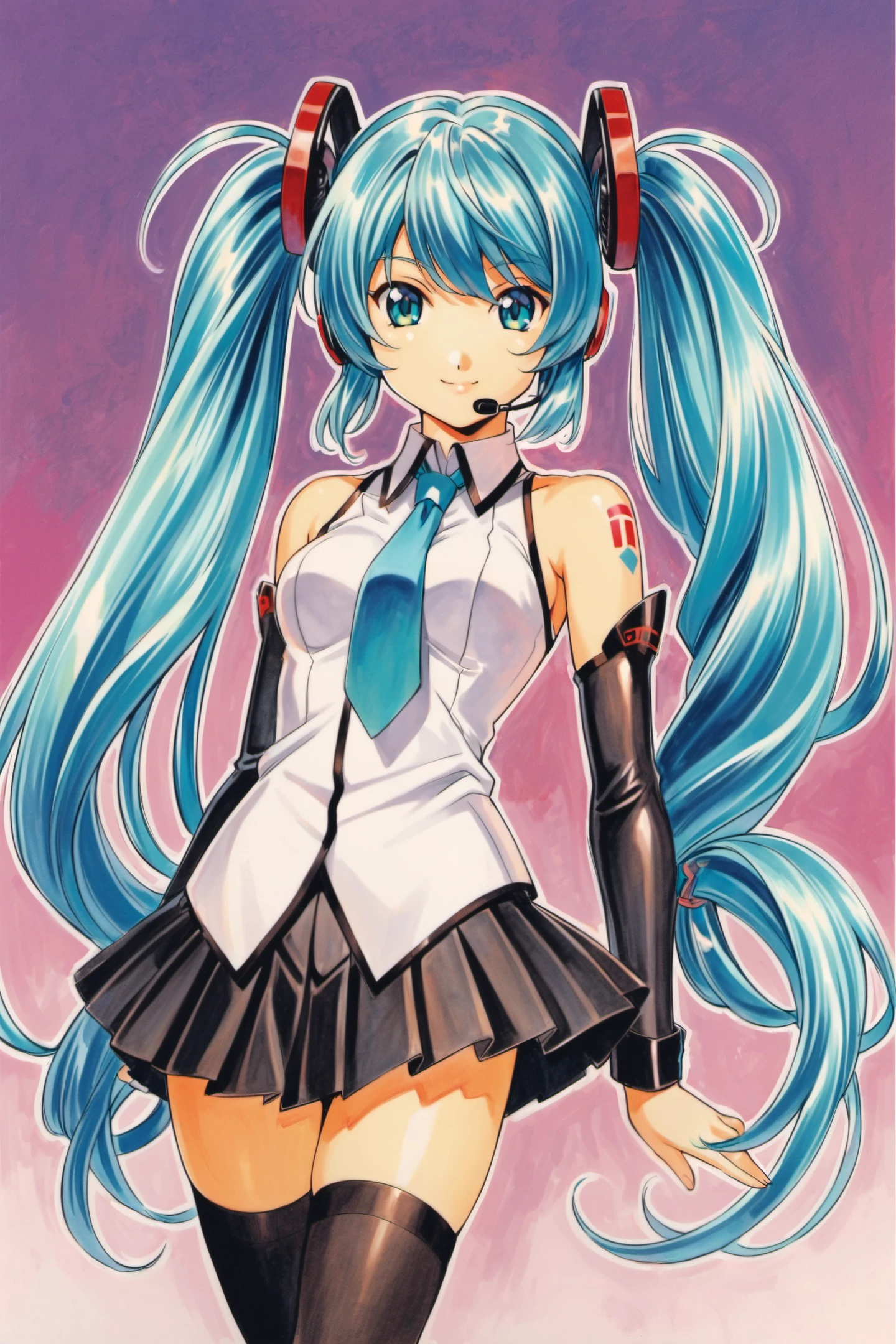 1girl, long hair, solo, hatsune miku, thighhighs, twintails, skirt, detached sleeves, very long hair, necktie, smile, aqua eyes, aqua hair, tattoo, shirt, black thighhighs, sleeveless, zettai ryouiki, black skirt, looking at viewer, headset, sleeveless shirt, hair ornament, pleated skirt, bare shoulders, aqua necktie, headphones, shoulder tattoo, white shirt, standing, black sleeves, miniskirt, traditional media, <lora:Kosuke Fujishima_XL:0.8>