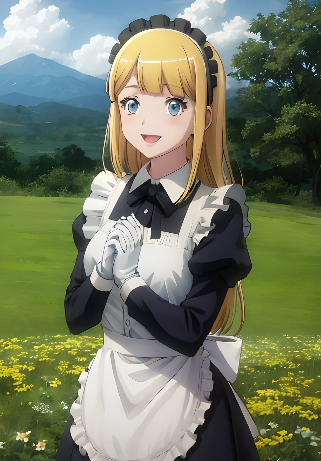 <lora:Overlord:0.8>, Overlord, Tsuareninya, solo, looking at viewer, smile, open mouth, blue eyes, skirt, shirt, hair ornament, gloves, long sleeves, dress, bow, ribbon, holding, medium breasts, standing, white shirt, upper body, flower, :d, cowboy shot, hairband, outdoors, frills, sky, alternate costume, day, tongue, puffy sleeves, shiny, collared shirt, artist name, cloud, white gloves, black skirt, blurry, apron, vest, black dress, tree, blue sky, maid, hands up, maid headdress, petals, black shirt, black ribbon, black bow, neck ribbon, buttons, floating hair, depth of field, blurry background, parody, phone, happy, sunlight, cloudy sky, own hands together, grass, black hairband, wing collar, white flower, juliet sleeves, wind, nature, waist apron, white apron, straight hair, tareme, maid apron, puffy long sleeves, forest, frilled apron, mountain, enmaided, yellow flower, hime cut, holding flower, headdress, style parody, bush, own hands clasped, field, sleeve cuffs, official style, lily (flower), flower field, crazy eyes, mountainous horizon, photo background, anime coloring, hill, garden, dandelion