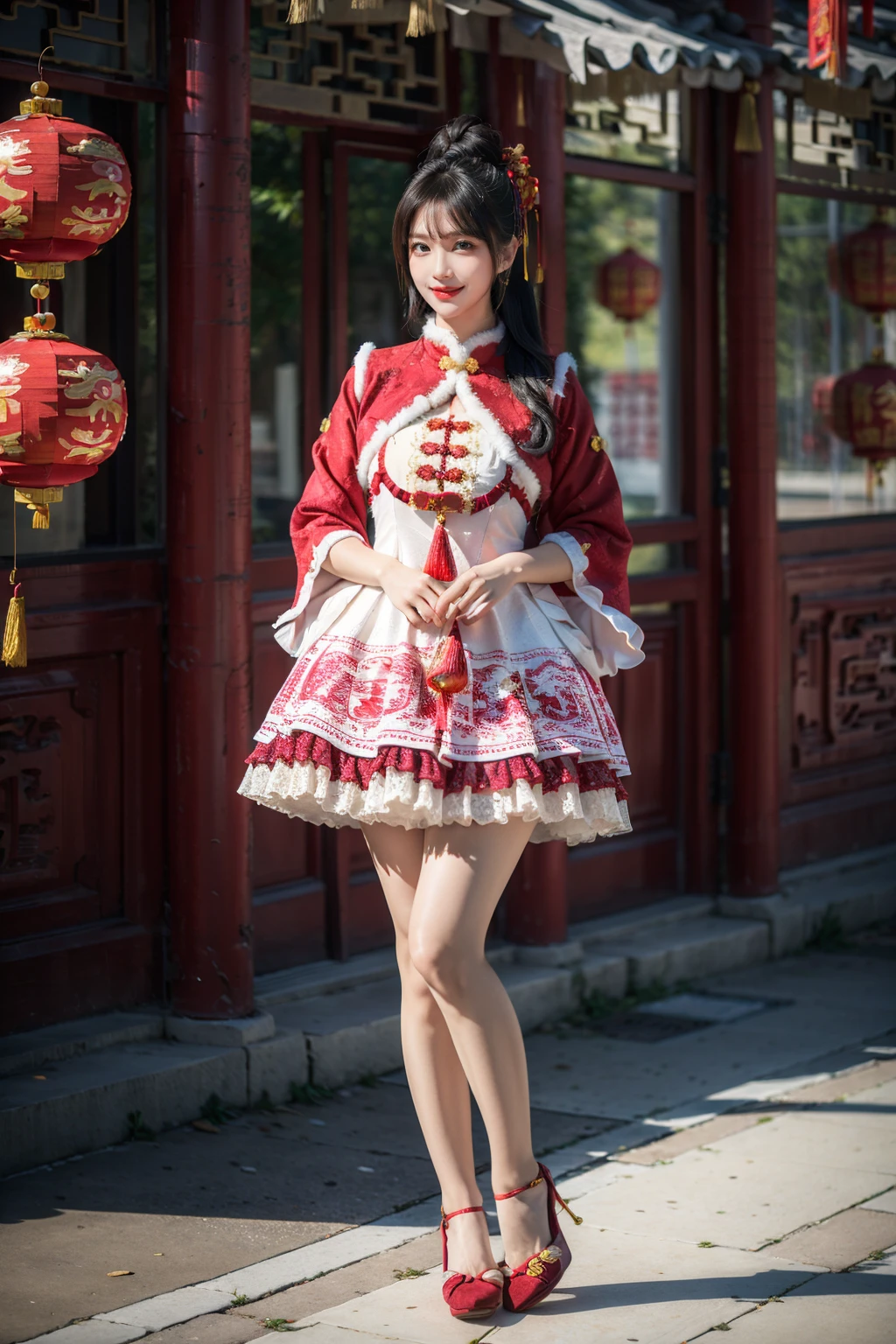 best quality, masterpiece, realistic, photorealistic, 1girl, solo, looking at viewer, light smile, full body, standing, long hair, black hair, bangs, cyb dress, chinese clothes, long sleeves, capelet, frills, frilled dress, wide sleeves, high heels, chinese town, ancient chinese building, chinese street, people, chinese new year, chinese lantern, spring festival, <lora:chinese_new_year_dress_style3_v3:0.7>