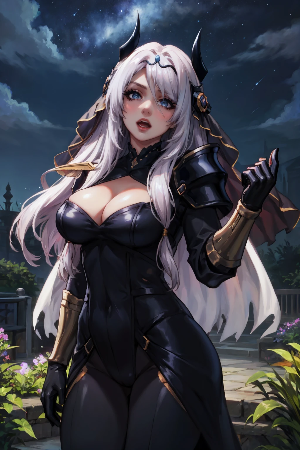 masterpiece, best quality, <lora:victoria-nvwls-v1-000010:0.9> victoria, horns, tiara, veil, black bodysuit, shoulder armor, long sleeves, cleavage cutout, black gloves, black overskirt, black pants, large breasts, singing, open mouth, hand up, night sky, garden