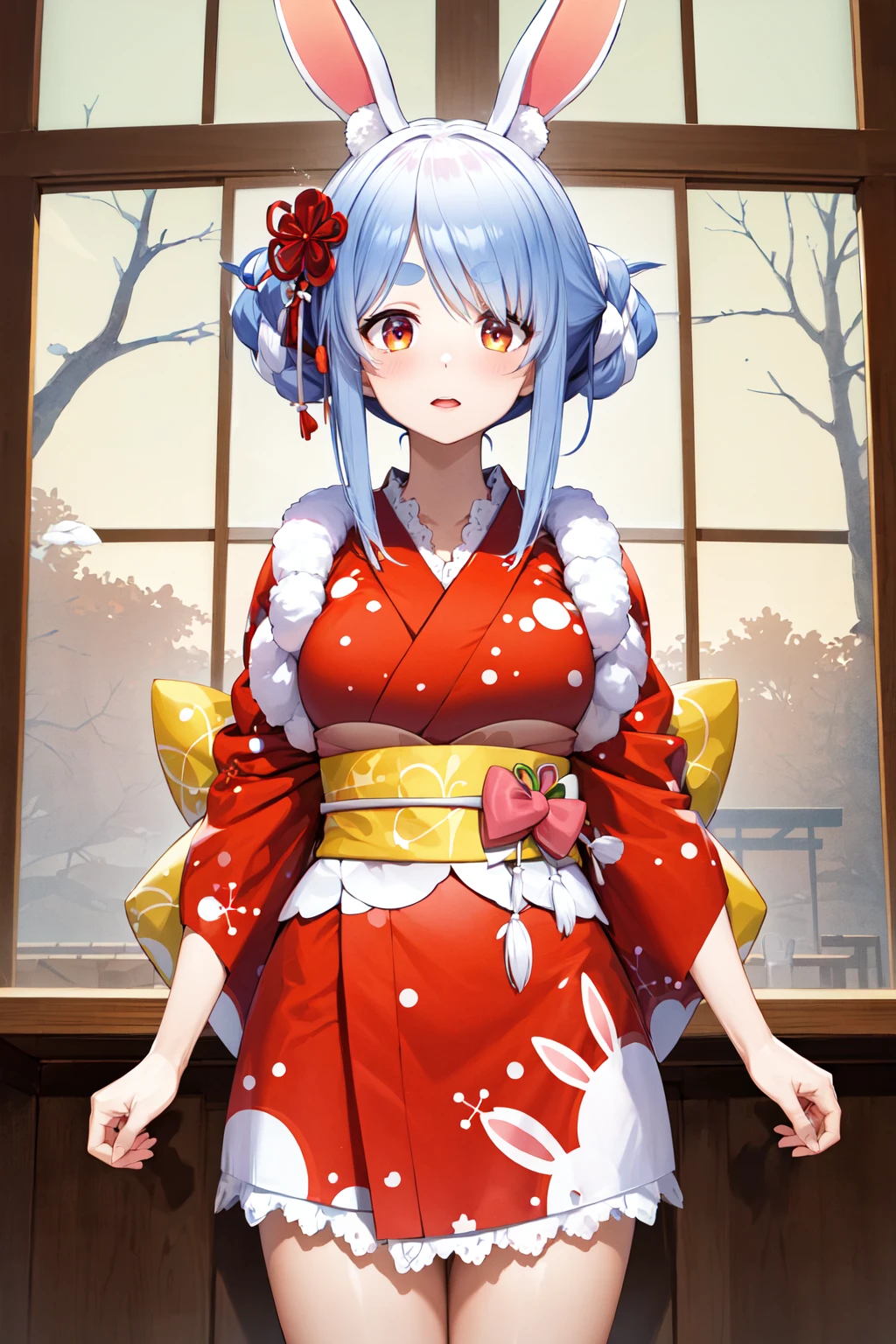 masterpiece, best quality, highres, bbpekora, rabbit ears, <lora:usada_pekora_v1:0.9>, standing, cowboy shot, indoors