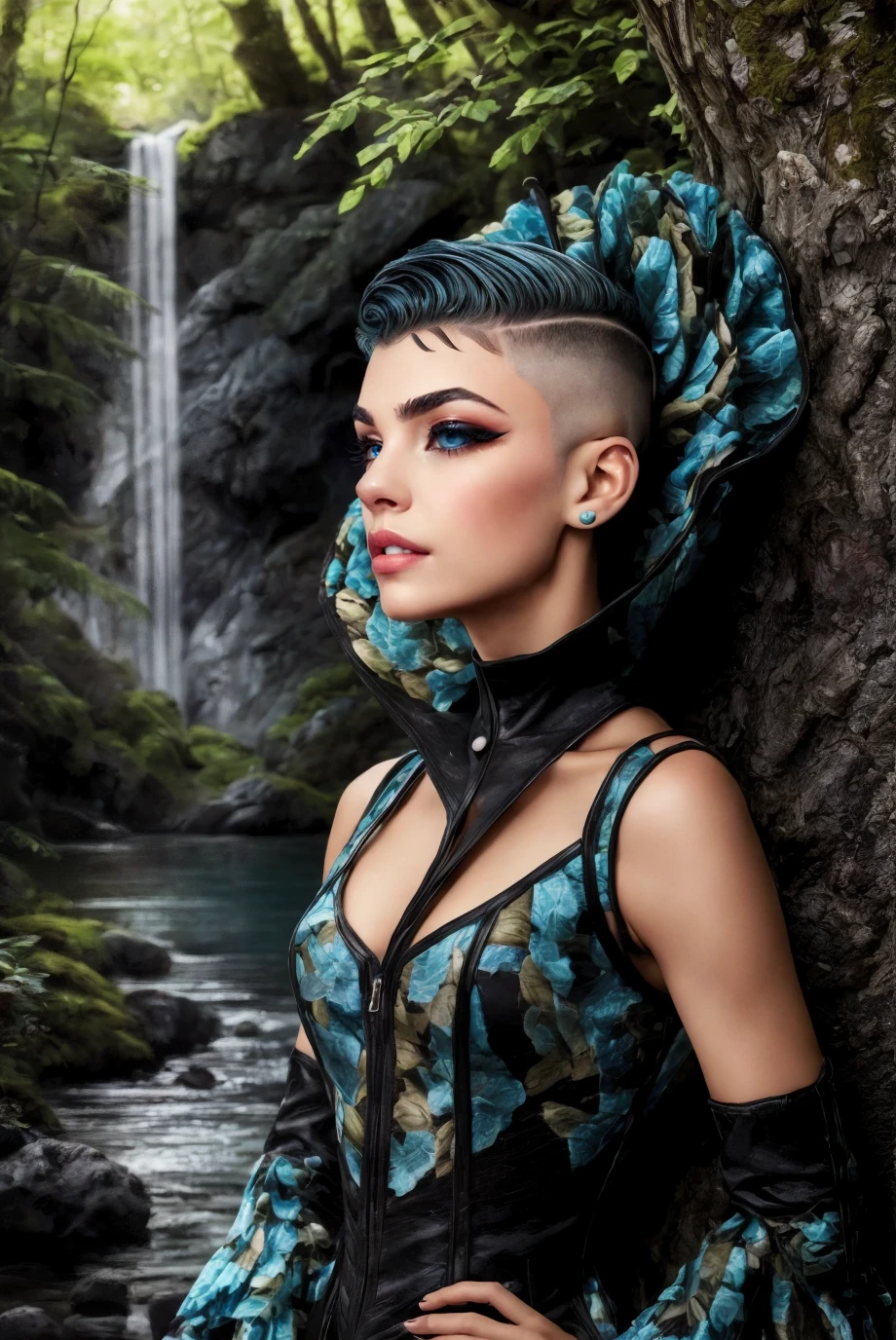 woman, grey blue eyes, Adult, curvy, (portrait photo:1.3), (Textured Side Part with Skin Fade:1.3), <lora:0r10n_g0wn:0.85>, 0r10n_g0wn, long blue dress, gown, frills, ruffles, train, collar, fingerless gloves, high heels, best quality, high detail, high quality, high res, 4k,eyeliner, pouty lips, detailed skin texture, (blush:0.5),(in a wooded area, a distant waterfall, outer space, planets:1.3)