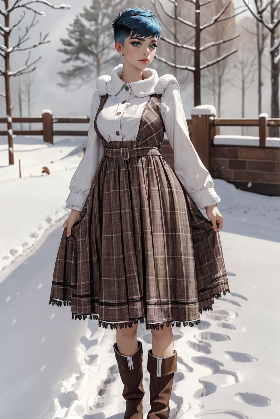 woman, curvy, large breasts, Adult,  (half body photo:1.3), (Faux Hawk with Skin Fade:1.3), ,  <lora:br0wn_Dr3ss_1:0.75>,br0wn_Dr3ss_1, brown plaid dress, frill,  boots, best quality, high detail, high quality, high res, 4k,eyeliner, pouty lips,  detailed skin texture,  (blush:0.5),(outside in the snow:1.4)