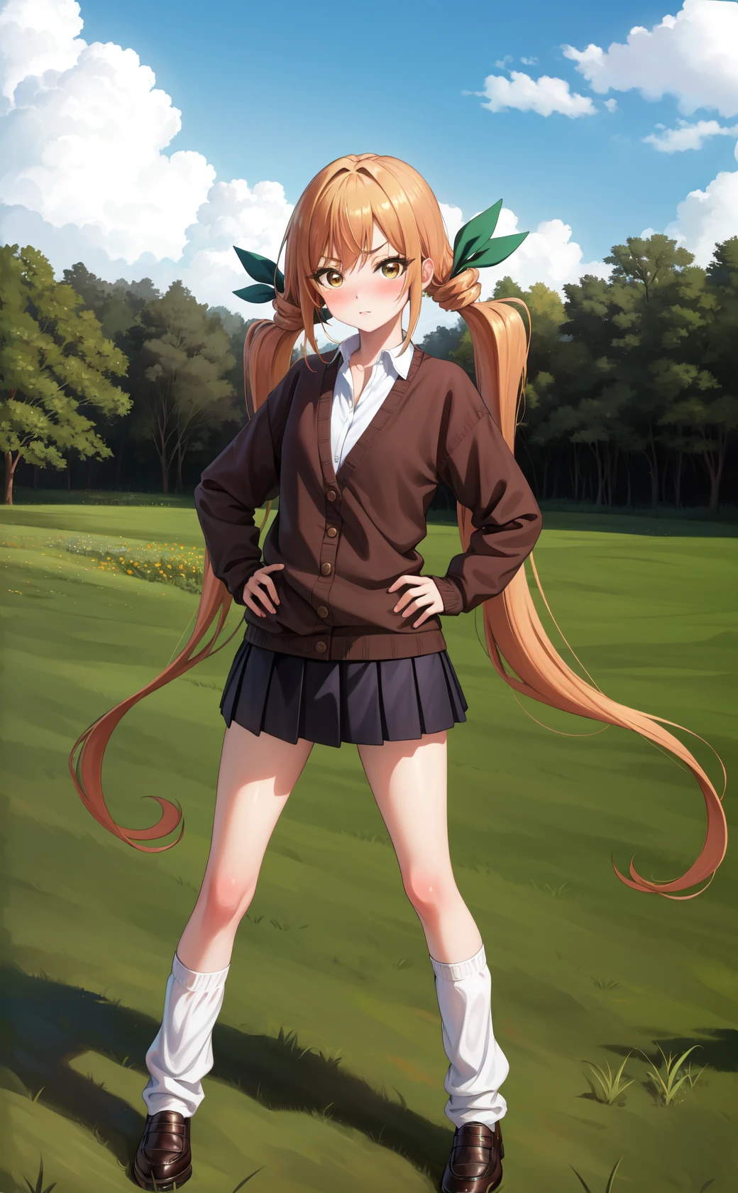 masterpiece, best quality, highres,
IndaDef, 1girl, solo, orange hair, v-shaped eyebrows, brown eyes, yellow eyes, very long hair, long hair, twintails, low twintails, hair ornament, blush, bangs, hair ribbon, ribbon, green ribbon,
skirt, shirt, long sleeves, school uniform, white shirt, pleated skirt, collared shirt, black skirt, sleeves past wrists, dress shirt, cardigan, puffy long sleeves, cropped legs, brown cardigan, shoes, socks, white socks, loafers, loose socks,
, full body, looking at viewer, hands on hips, outdoors, forest, field, sky, blue sky, sunlight, grass, forest, <lora:LoRA_Inda:1>