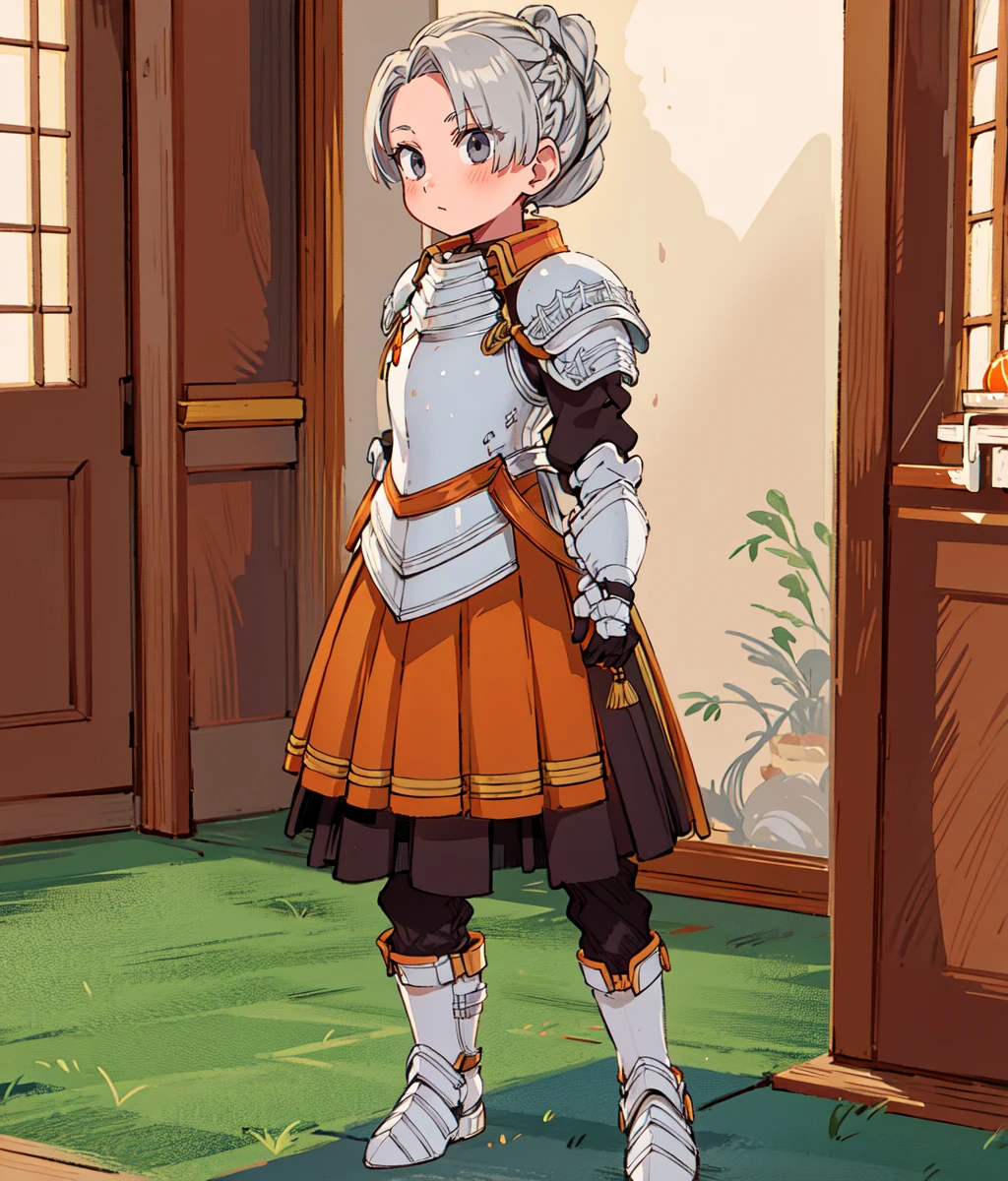 masterpiece, high res, detailed face, detailed eyes, anime screencap, 1 girl, solo, grey hair, grey eyes, armor, hair up, braid, orange skirt, standing, full body, indoors, castle <lora:Chris lightfellow:1>