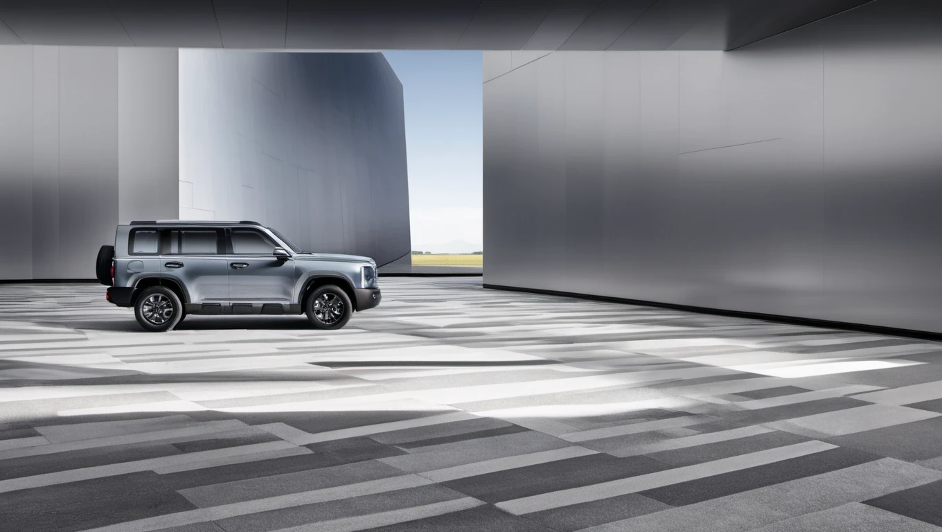 silver Menglong B26 is parked in a modern building with a gray and white checkered floor. the Menglong B26 is facing towards the right side of the image and is parked in front of a gray wall. the building has a glass window and door, and the Menglong B26 is casting a shadow on the floor. the overall scene suggests a contemporary urban setting. photo, realistic <lora:sdxl_menglong_b26_9_16:1.0>