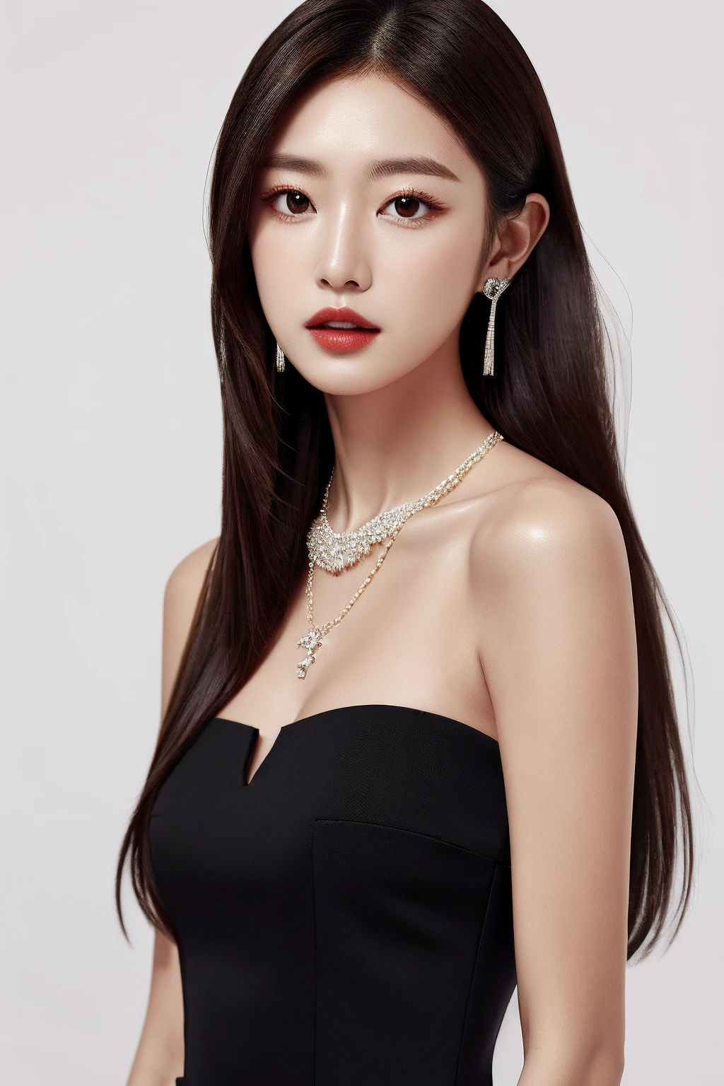 1girl,solo,jewelry,long hair,earrings,dress,necklace,brown hair,realistic,simple background,white background,black hair,lips,bare shoulders,