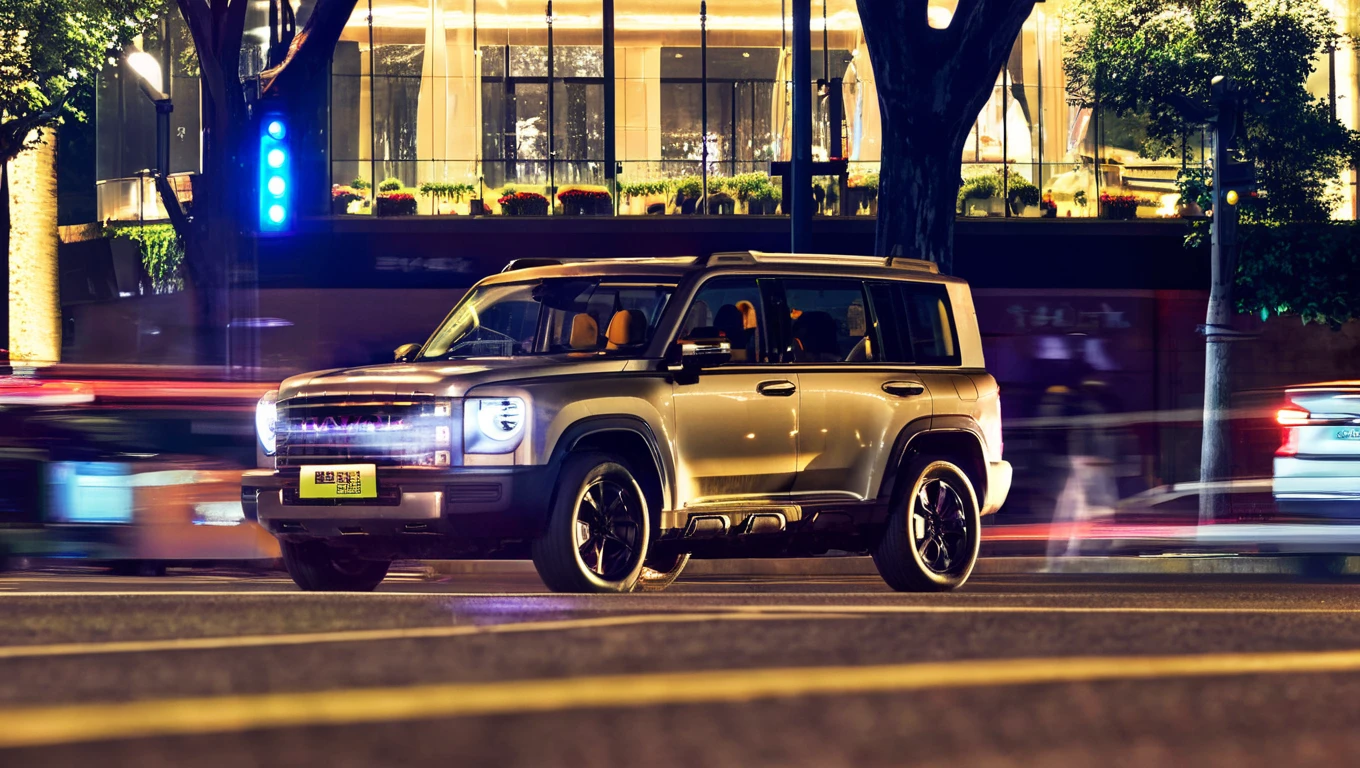 a gold Menglong B26 driving down a city street at night with a city skyline in the background. photo, realistic <lora:sdxl_menglong_b26_9_16:1.0>