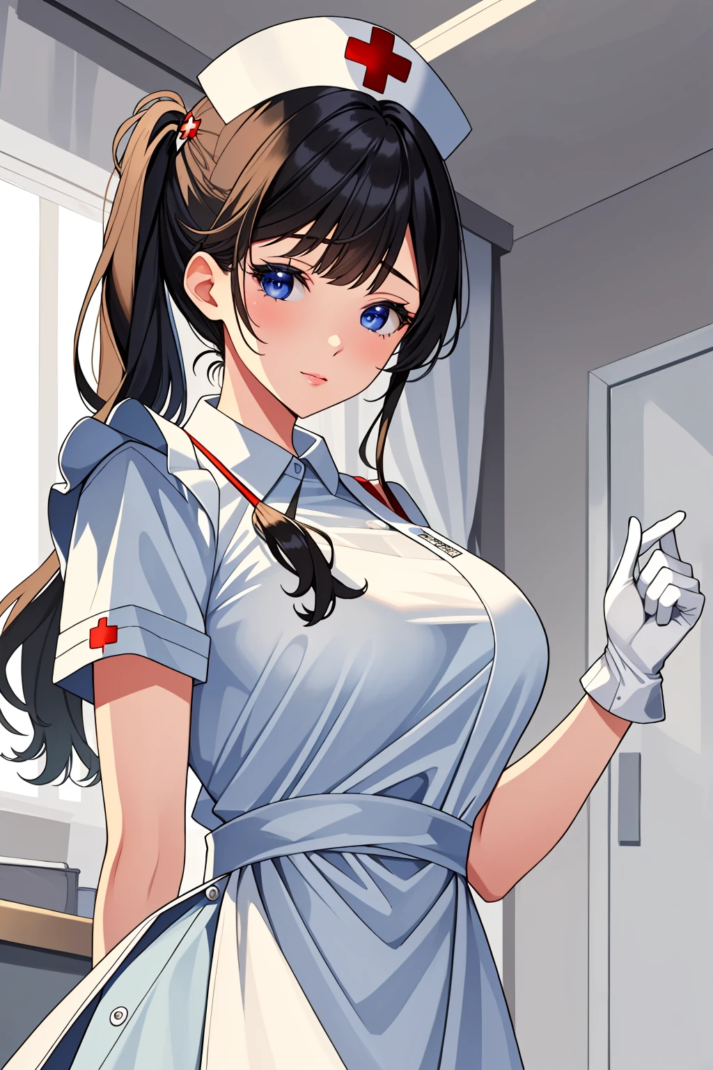((masterpiece, best quality, high quality)),1girl, (hospital), <lora:infirmary_v0.1:0.5> infirmary <lora:Long Skirt Nurse V2:0.8> (nurse_uniform_long_3, gloves, apron, nurse cap, nurse,long dress),