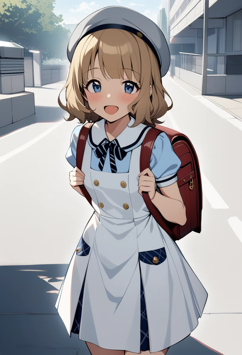 1girl, suou momoko, summer-es, day, blush, brown hair, blue eyes, eyebrows visible through hair, puffy sleeves, bag, blonde hair, grey headwear, medium hair, randoseru, looking at viewer, short sleeves, backpack, :d, open mouth, short hair, long hair, smile, standing, holding strap, white dress, sailor dress, blue shirt, collared shirt, sailor collar, puffy short sleeves, beret, white headwear, sailor hat, neck ribbon, black neckwear, striped neckwear, buttons, masterpiece, best quality <lora:suou_momoko_sdxl_locon_v1_1:0.7>