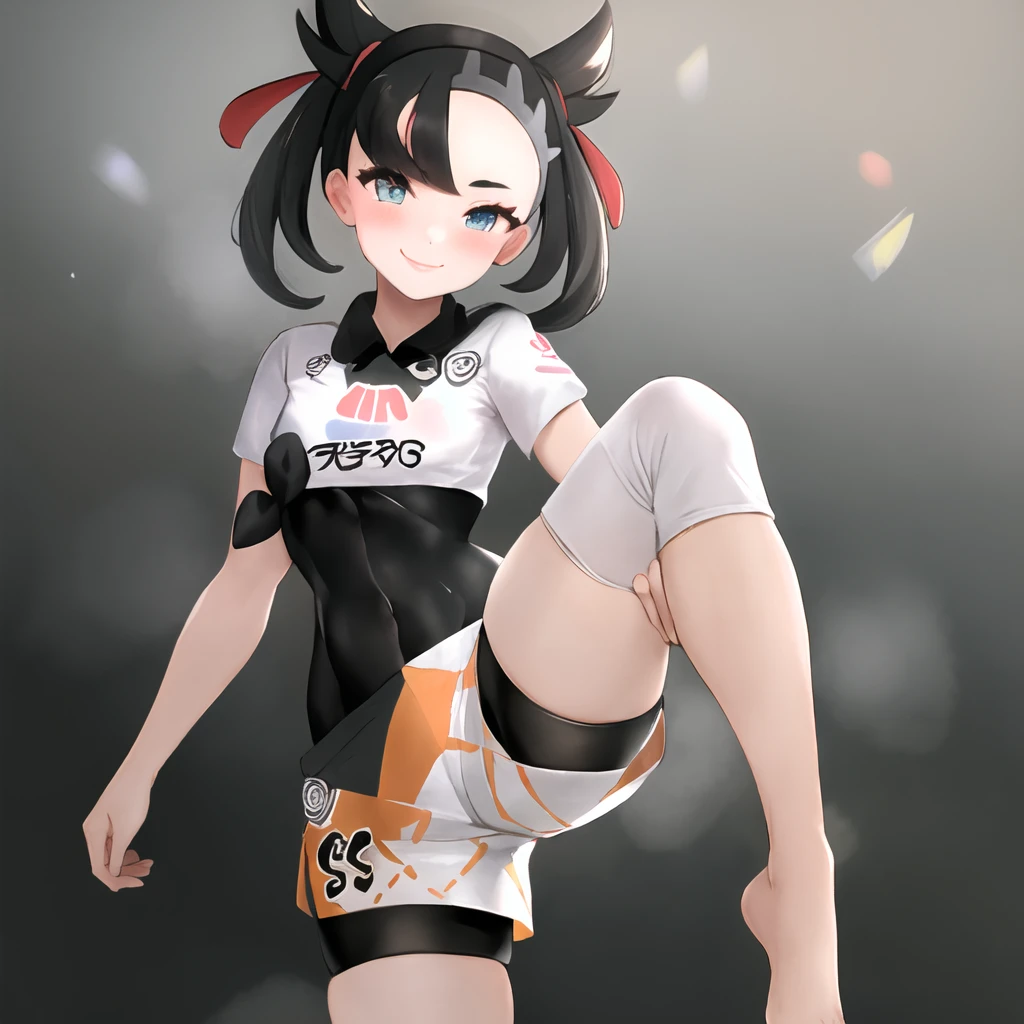 masterpiece, best quality, highly detailed, 1girl, solo, <lora:marnie_pokemon-08:1> (marnie_pokemon:1.3),
black hair, asymmetrical bangs, hair ribbon, green eyes, (seductive smile:1.4), small breasts, choker, collar, blush,
gym,
<lora:bea_outfit-08:1> (bea_outfit:1.3), bodysuit, black bodysuit, bodysuit under clothes, hairband, black hairband, bow hairband, shirt, knee pads, shorts, short shorts, short sleeves, white shirt,
standing, fighting stance, standing on one leg, barefoot