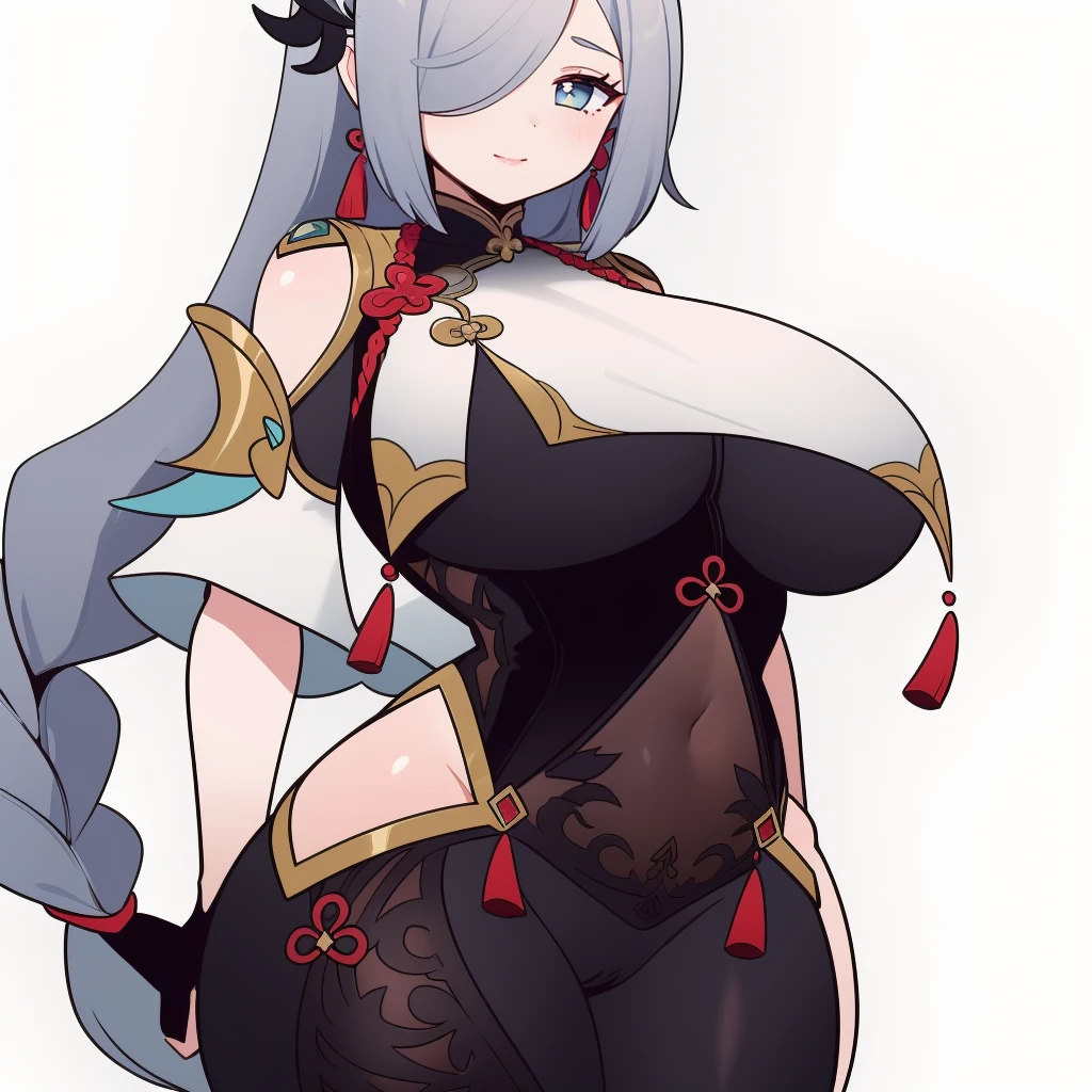 (masterpiece, best quality:1.3), Aliceyawnin, 1girl, solo, looking at viewer, wide hips, mature female, closed mouth, simple background, seductive smile, large breasts, cowboy shot, thick thighs,  <lora:Aliceyawnin Style Lora:.85>, shenhe \(genshin impact\), grey hair, long hair, hair ornament, hair over one eye, blue eyes, earrings, braided ponytail, puffy sleeves, gold trim, gloves, bodysuit, breast curtain, shoulder cutout, covered navel, hip vent, clothing cutout, tassel  <lora:shenhe:.8>