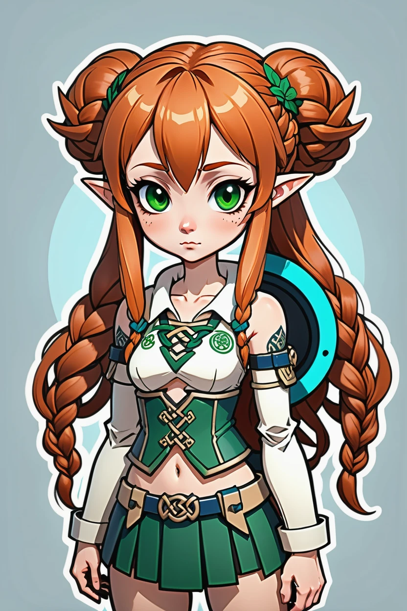 1girl, woman, determined elf post apocalyptic amazon berserker, (muscular:1), sexy fur armor, pauldrons, (celtic tattoos:1.4), ginger hair with multicolor highlights, french braids, watson cross, bombshell hair, ginger hair, braid, hourglass figure, caucasian<lora:EnvyKawaiiStickerXL01:0.75>