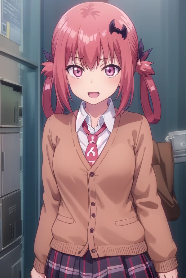 satanichiakurumizawamcdowell, <lora:satanichia kurumizawa mcdowell s1-lora-nochekaiser:1>,
satanichia kurumizawa mcdowell, hair ornament, red hair, hair rings, bat hair ornament, (pink eyes:1.3), fang, smile, open mouth, smug,
BREAK skirt, shirt, school uniform, pleated skirt, necktie, shoes, socks, collared shirt, plaid, kneehighs, black shirt, plaid skirt, cardigan, black socks, inverted cross, (brown cardigan:1.2),
BREAK indoors, classroom,
BREAK looking at viewer, (cowboy shot:1.5),
BREAK <lyco:GoodHands-beta2:1>, (masterpiece:1.2), best quality, high resolution, unity 8k wallpaper, (illustration:0.8), (beautiful detailed eyes:1.6), extremely detailed face, perfect lighting, extremely detailed CG, (perfect hands, perfect anatomy),