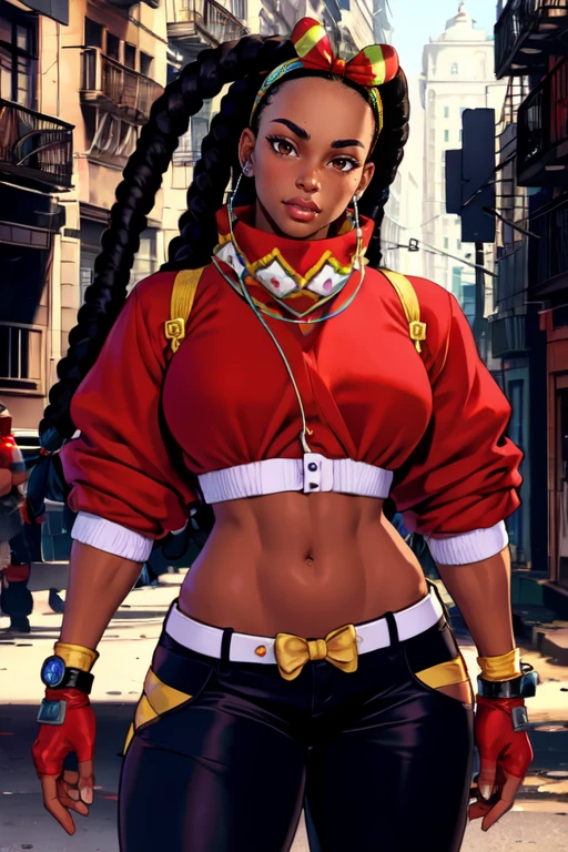 masterpiece,best quality,extreme detail,8k,<lora:kimberly:0.6>,kimberly2,1girl,solo,long hair,black hair,gloves,bow,brown eyes,jacket,hair bow,multicolored hair,hairband,dark skin,fingerless gloves,dark-skinned female,lips,red jacket,forehead,cropped jacket,wide hips,nose,bow hairband,very dark skin,cowboy_shot,street background,pants,standing pose,