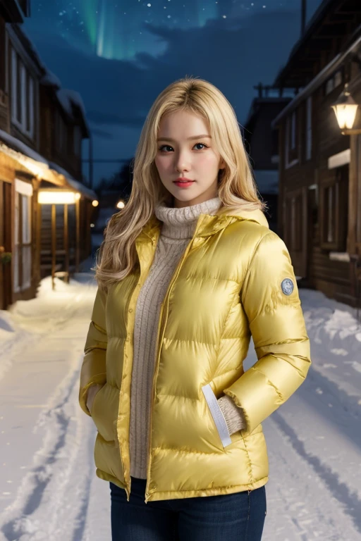 masterpiece, best quality, ultra-detailed, ultra high res, (photorealistic:1.4), raw photo, (realistic:0.2), CG, 8k HDR, perfect lighting, 1girl, solo, looking at viewer, (winter clothes, padded jacket), outdoor, (snow, snowflakes), night, scattered cloud, aurora sky, upper body, lower body, symmetrical long hair, blonde hair, (detailed oily skin, medium breasts:0.8), (detailed face), (detailed background :1.1), hands in pocket, cold weather,