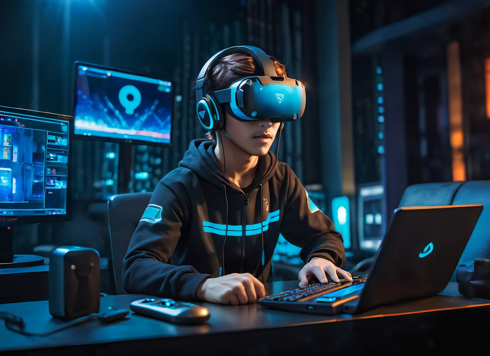 	As you plug into the virtual reality world, you feel a rush of adrenaline as you take on the persona of a skilled hacker. What does your avatar look like? What tools and gadgets do you have at your disposal?, surreal, sharp focus, detailed, cinematic, ambient light, dynamic composition, elegant, intricate, highly decorated, complex, colorful, symbolic, full color