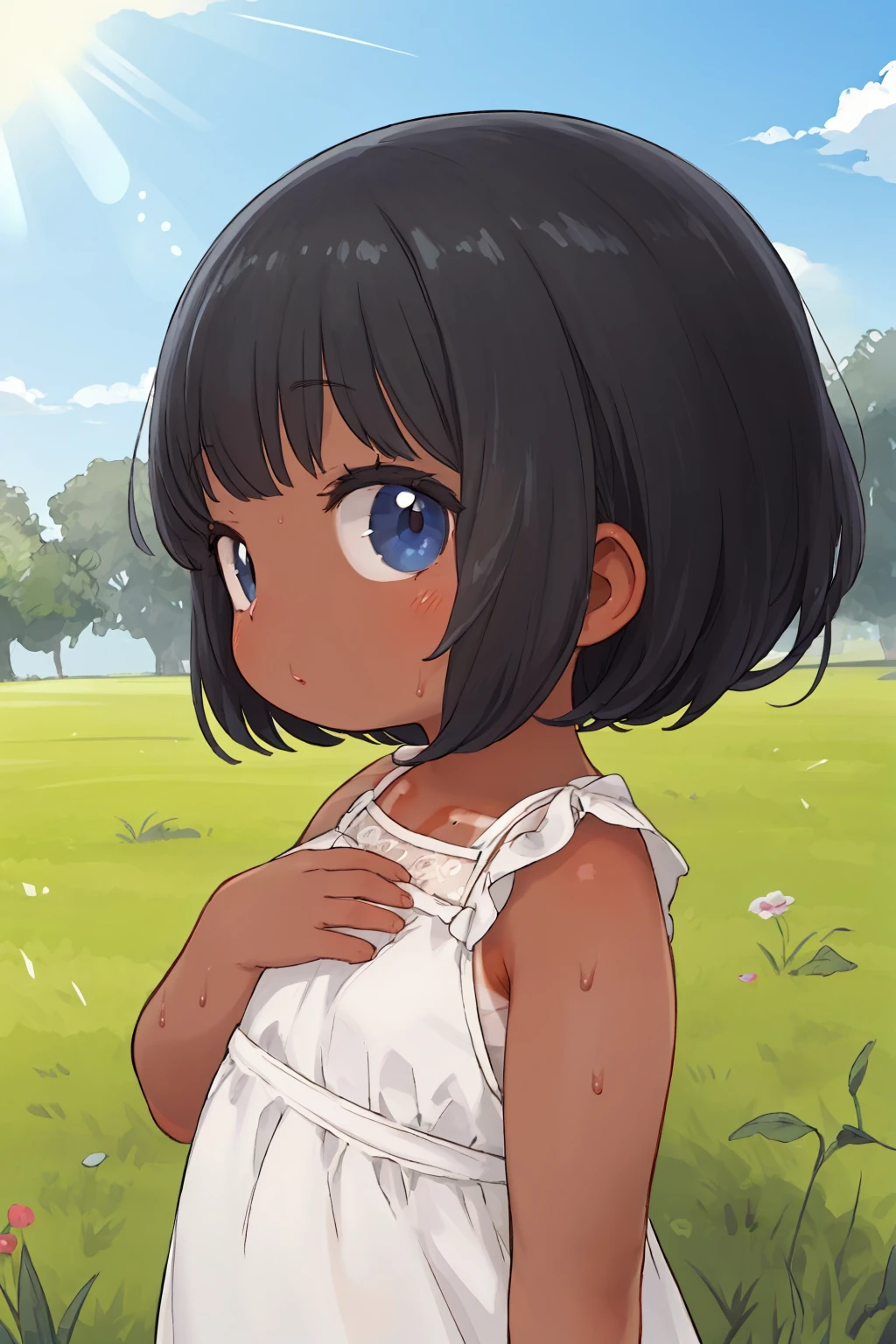 1girl, bangs, bob cut,black hair, short hair, sundress, sunlight,upper body, sweat,looking at viewer, white dress, hand on own chest,tan, grass,